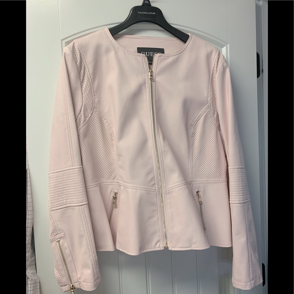 sold- NWT Guess XXL Pink leather peplum jacket. Gorgeous! item is available!
